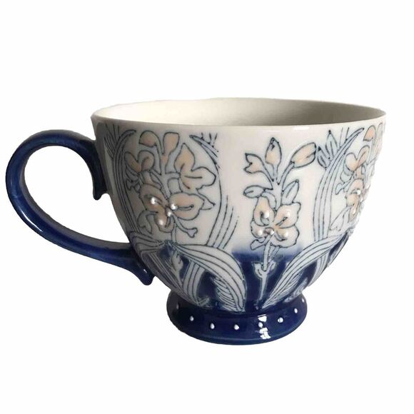 World Market Floral Blue Blush Pedestal Large Coffee Tea Mug Cup Hand Painted - Picture 2 of 7